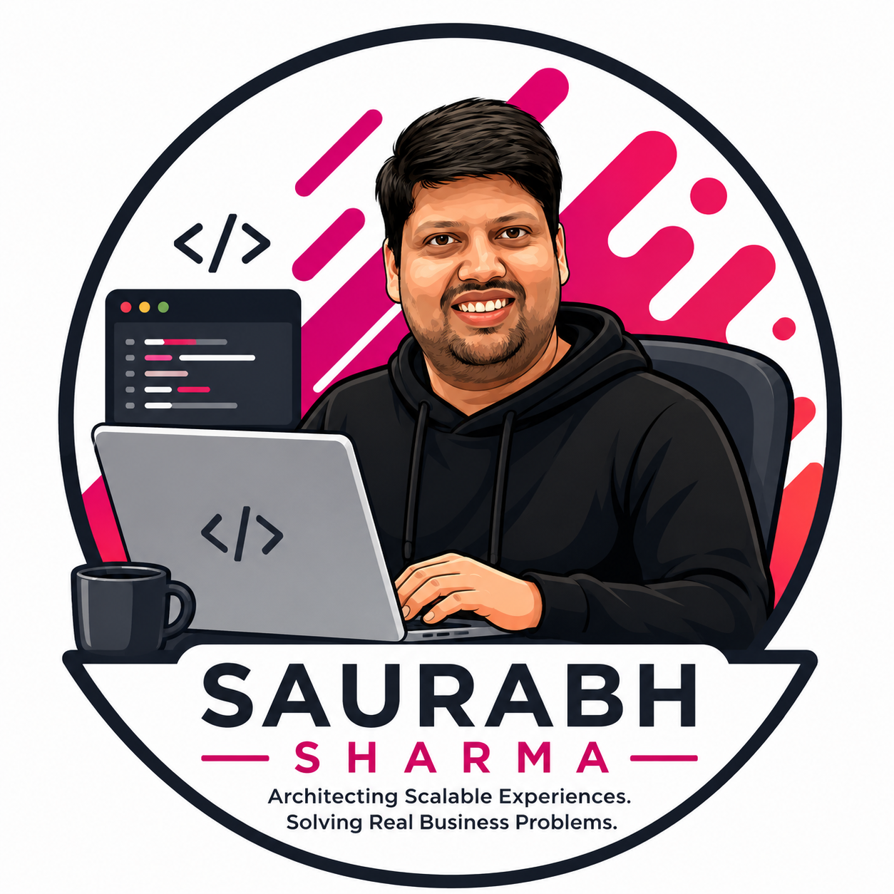 Illustrated logo of Saurabh Sharma working on a laptop